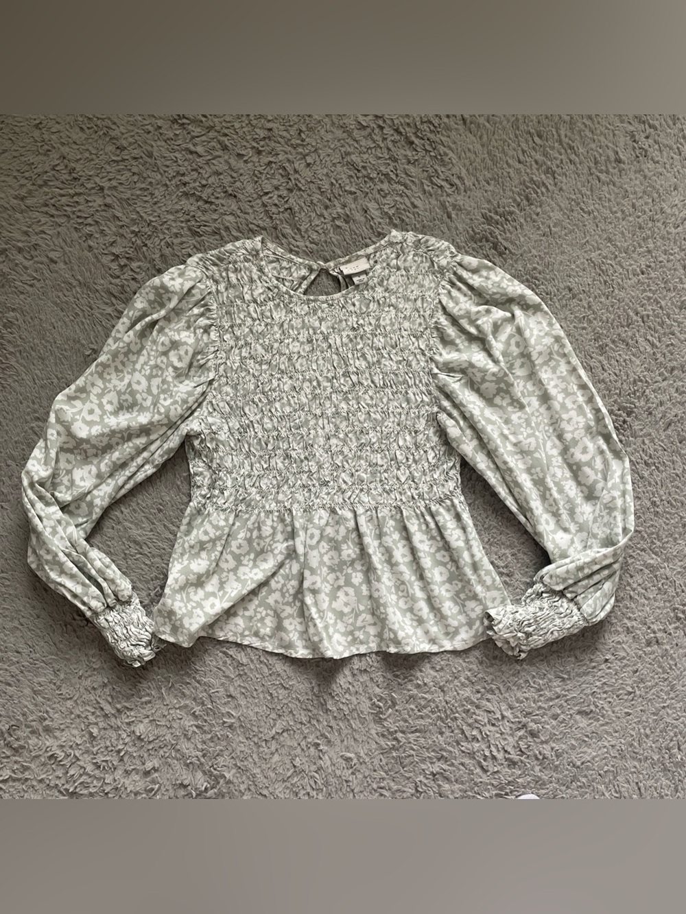 A New Day Smocked Floral Sage Green Peplum Blouse Top Size S Cottagecore
